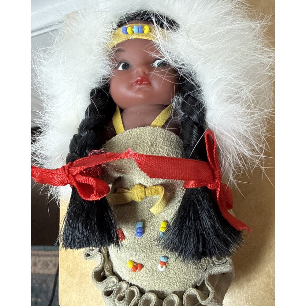 Native American Style Papoose Doll in Beaded Moccasin White Fur Trim Souvenir 6” - Picture 4 of 6